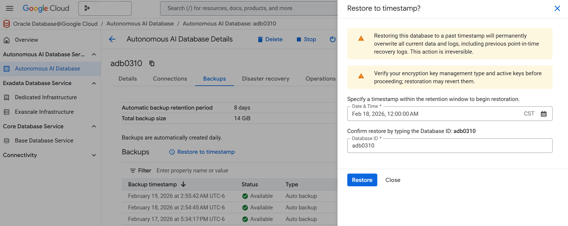 This screenshot shows how to perform point-in-time restore. This screenshot shows how to perform point-in-time restore.