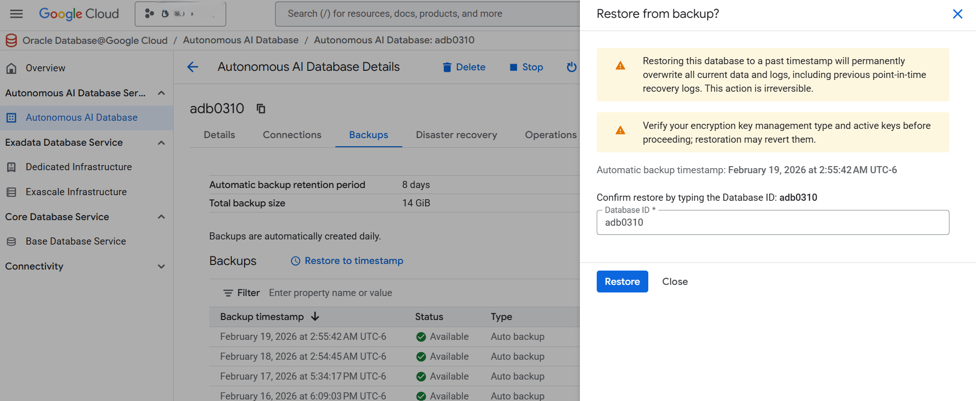 This screenshot shows how to restore from backups This screenshot shows how to restore from backups