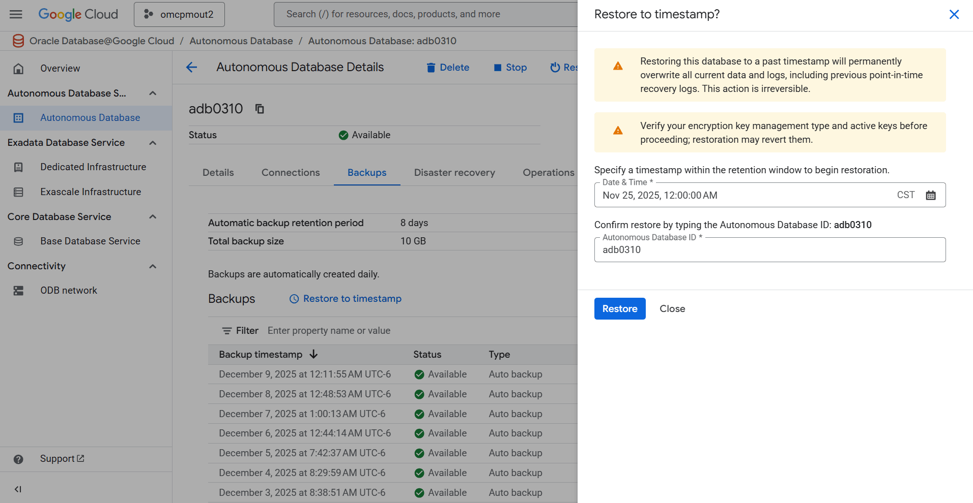 This screenshot shows how to restore to timestamp. This screenshot shows how to restore to timestamp.