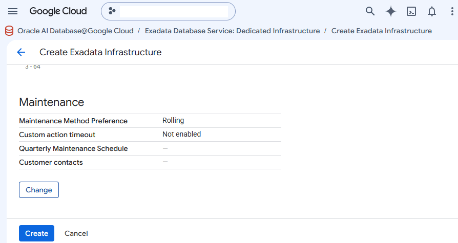 A screenshot of the Exadata Infrastructure creation details. A screenshot of the Exadata Infrastructure creation details.