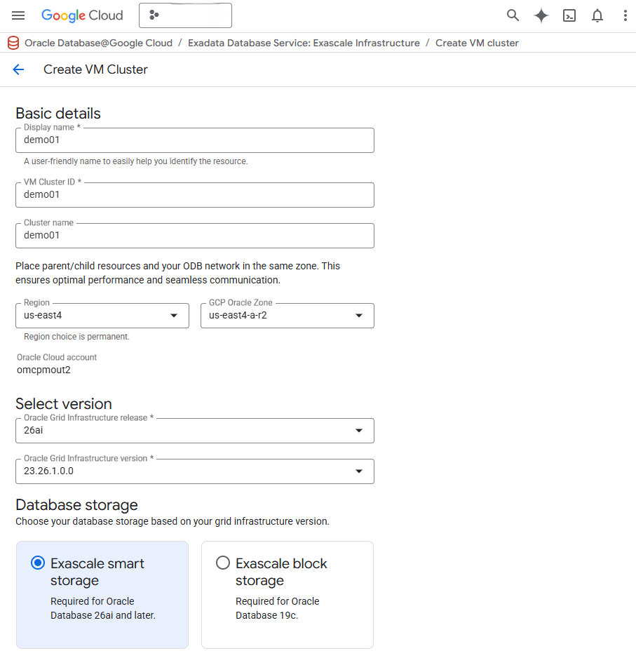 This screenshot shows how to create an Exascale VM Cluster. This screenshot shows how to create an Exascale VM Cluster.
