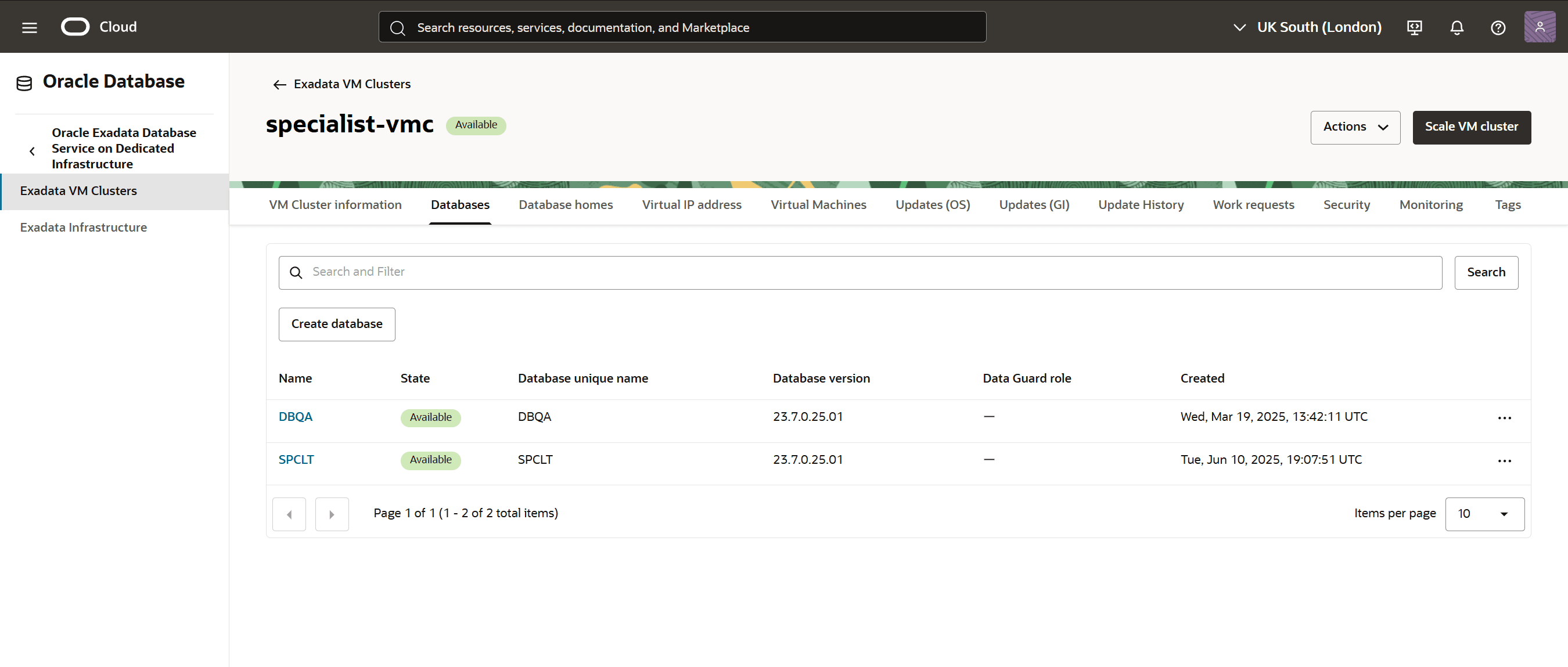 This screenshot shows the selected Exadata VM Cluster and the Exadata Database(s) created on that cluster. This screenshot shows the selected Exadata VM Cluster and the Exadata Database(s) created on that cluster.