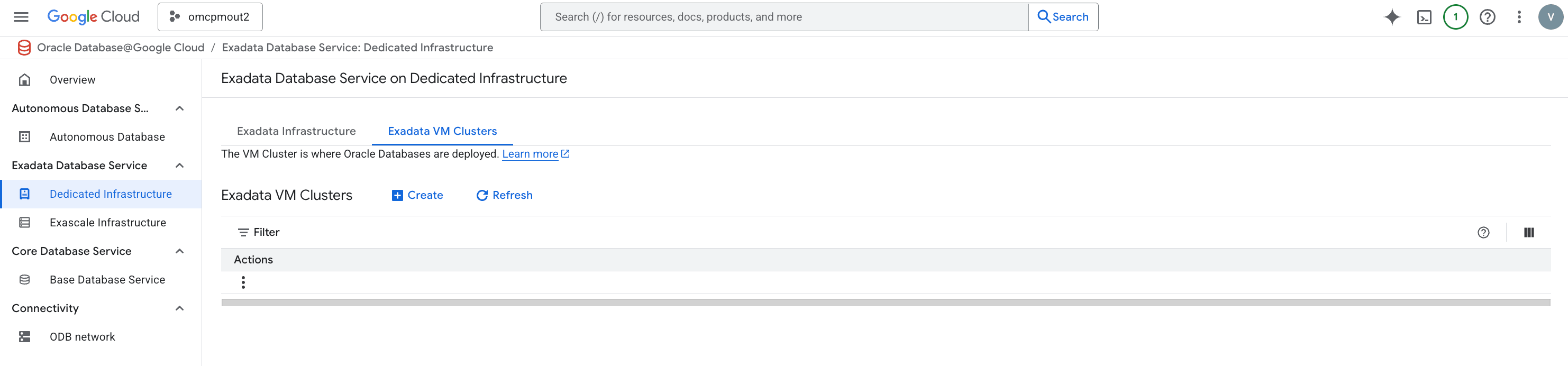 A screenshot of the Exadata VM Cluster list. A screenshot of the Exadata VM Cluster list.