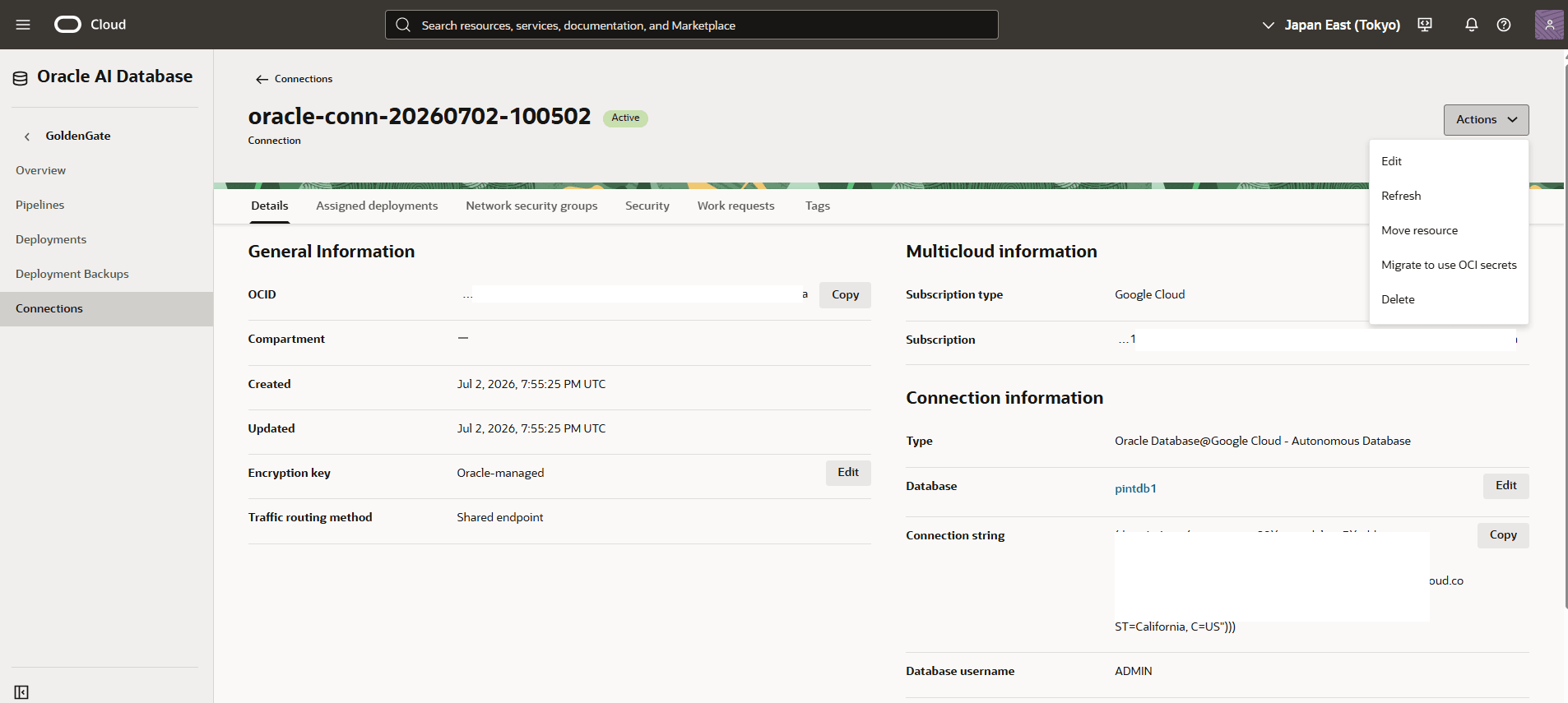 This screenshot shows how to modify a GoldenGate connection. This screenshot shows how to modify a GoldenGate connection.