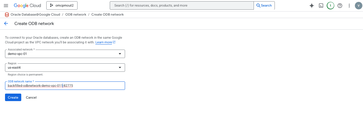A screenshot showing the Create ODB network page and its fields. A screenshot showing the Create ODB network page and its fields.