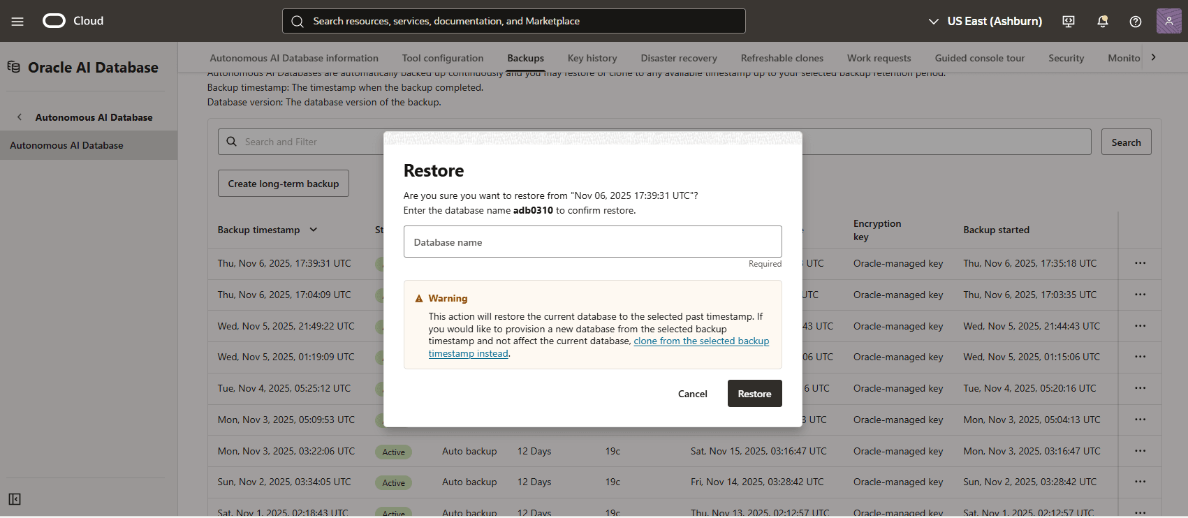 A screenshot of the process for restoring an automatic backup of an Autonomous AI Database A screenshot of the process for restoring an automatic backup of an Autonomous AI Database