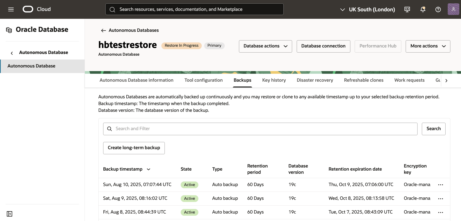 A screenshot of the process for restoring an long-term backup of an Autonomous AI Database A screenshot of the process for restoring an long-term backup of an Autonomous AI Database