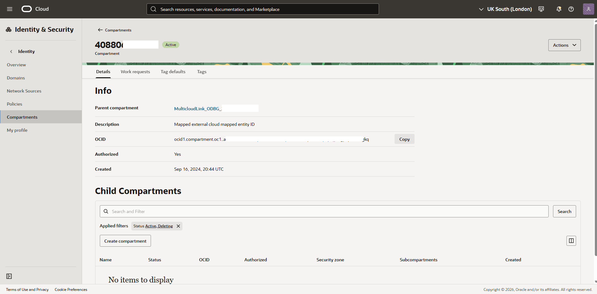 This screenshot shows how to obtain compartment OCID information. This screenshot shows how to obtain compartment OCID information.