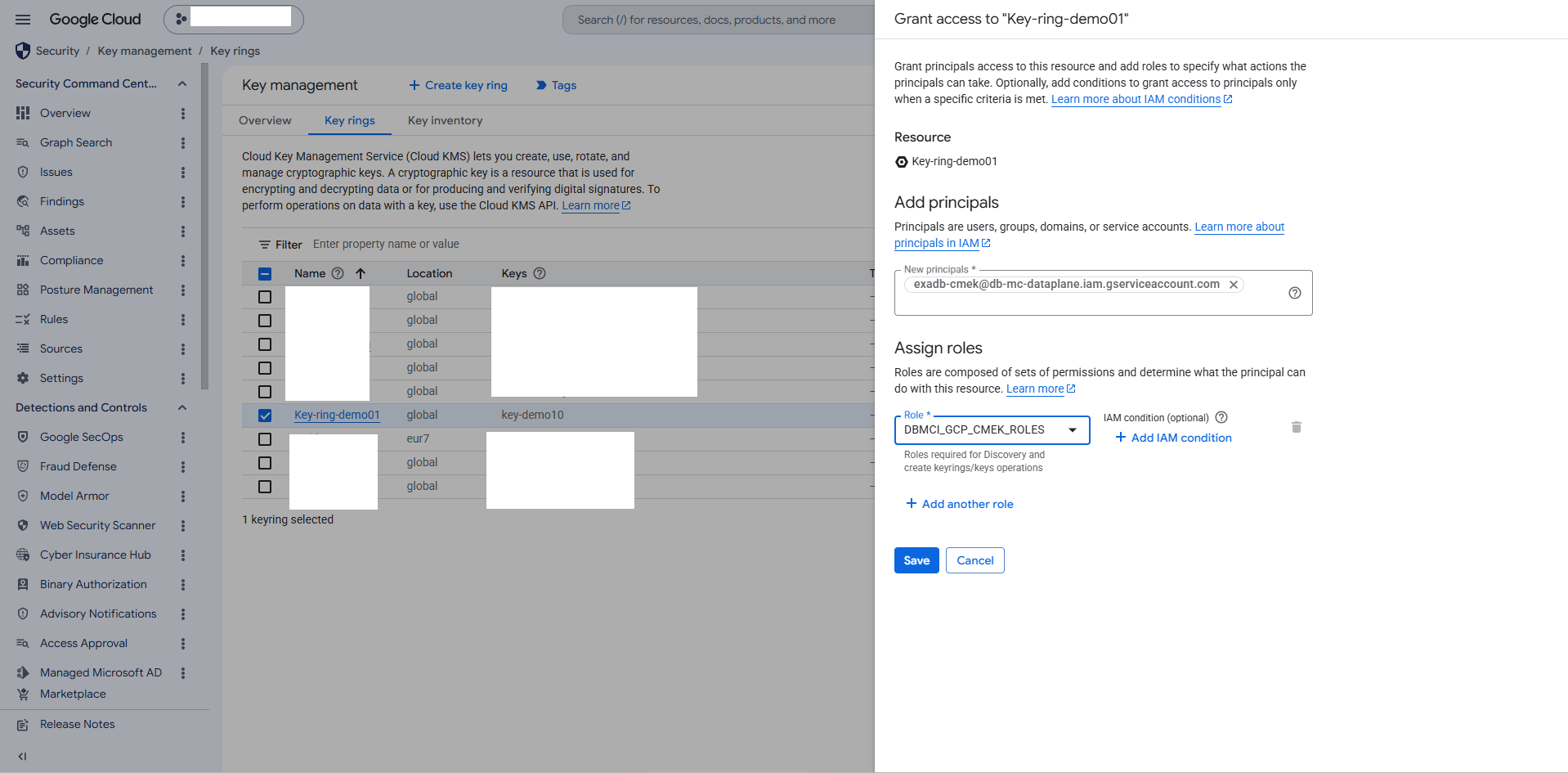 This screenshot shows how to grant Permissions in Google Cloud KMS. This screenshot shows how to grant Permissions in Google Cloud KMS.