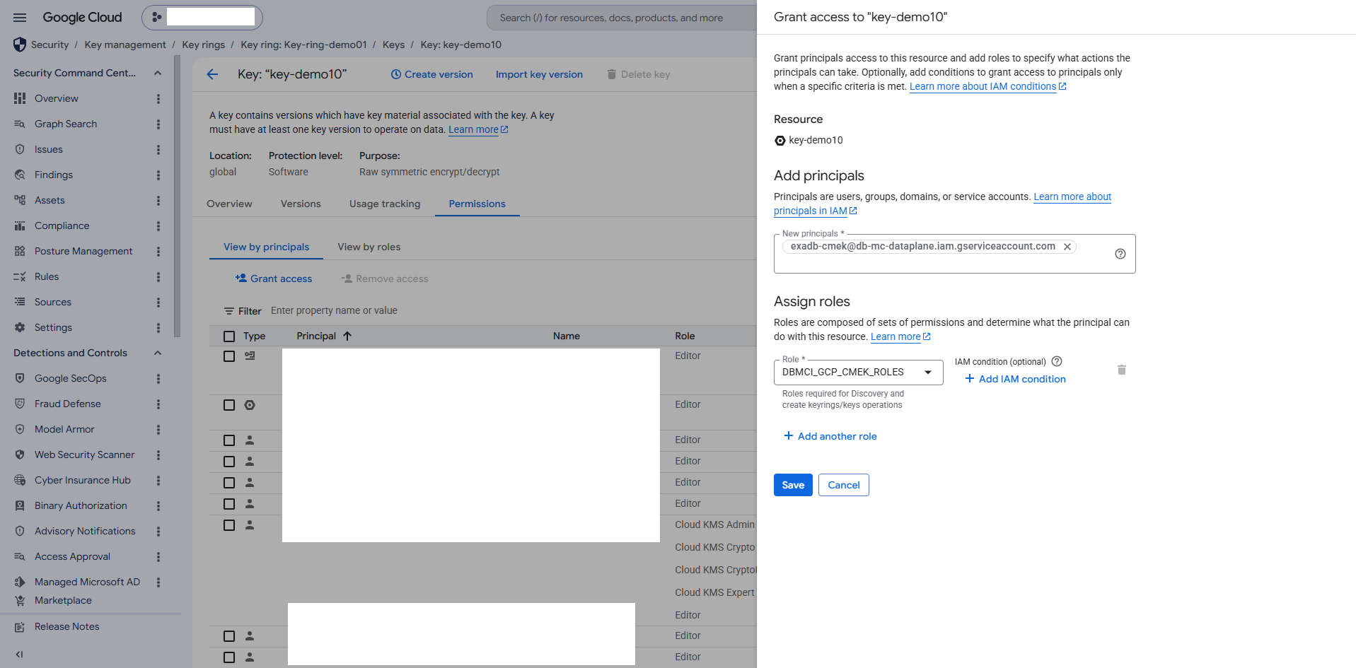 This screenshot shows how to grant Permissions in Google Cloud KMS. This screenshot shows how to grant Permissions in Google Cloud KMS.