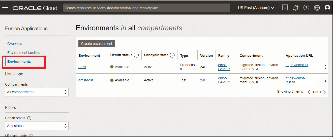 Environment list page