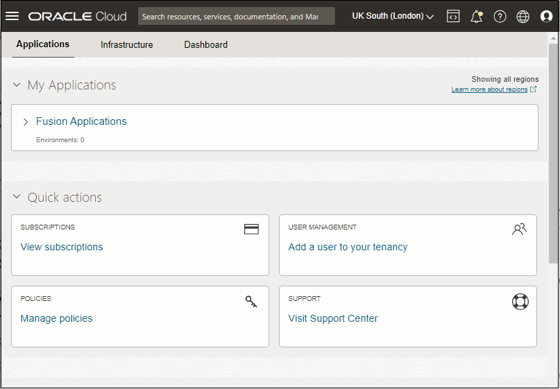 Example Oracle Cloud Console home page