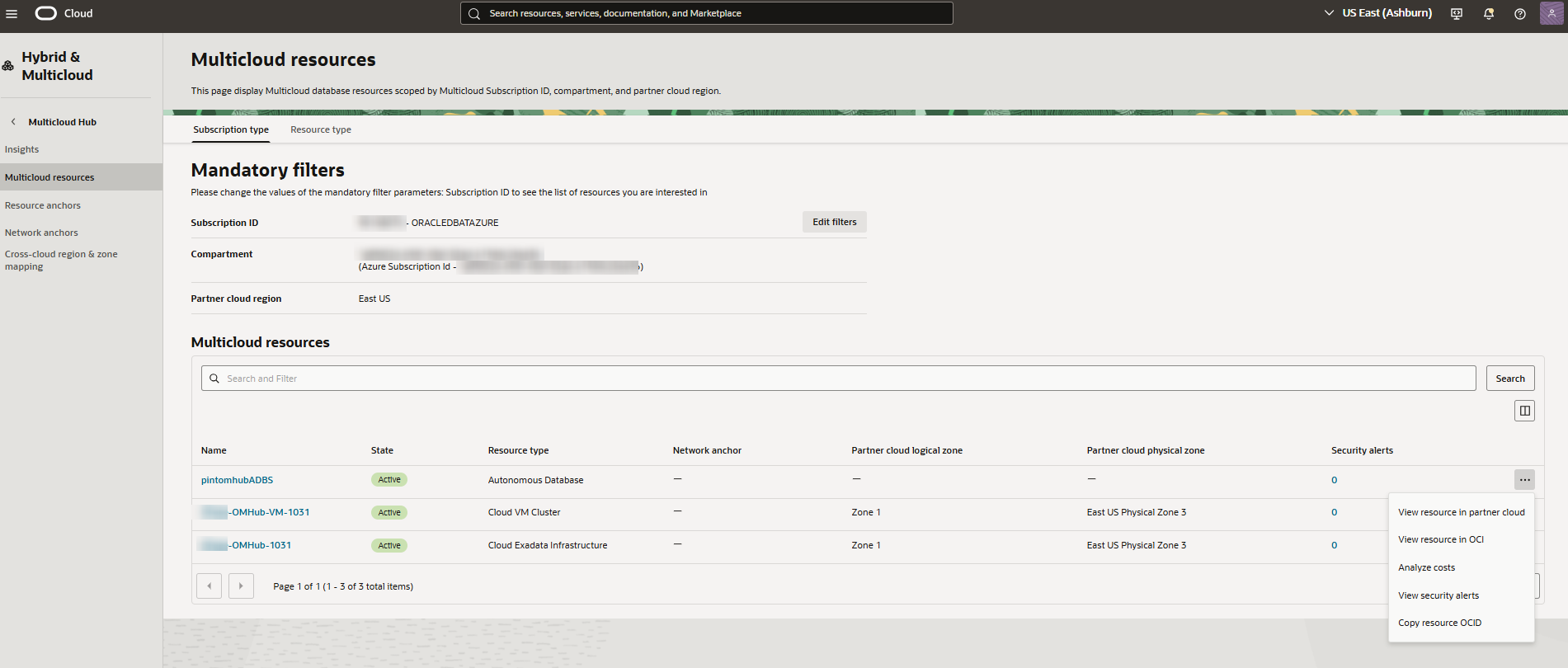 Click to expand Actions menu on Multicloud resources page