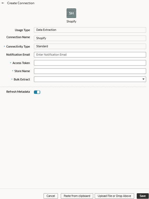 Create Connection for Shopify dialog Create Connection for Shopify dialog