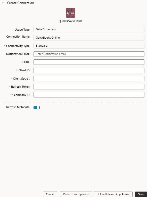 Create Connection for QuickBooks Online dialog Create Connection for QuickBooks Online dialog