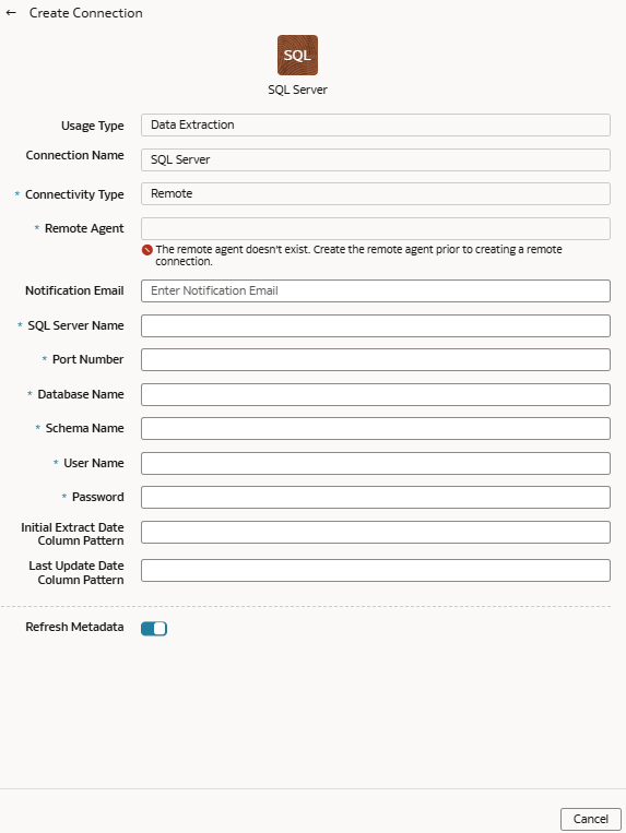 Create Connection for SQL Server dialog Create Connection for SQL Server dialog