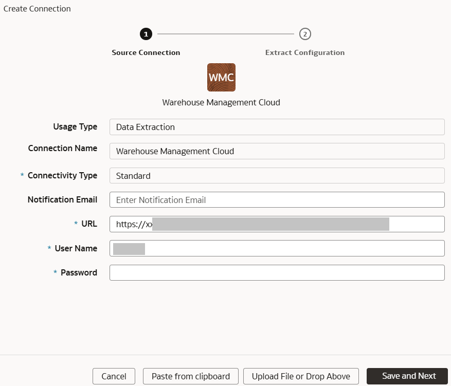 Create Connection for Oracle Warehouse Management Cloud dialog displaying the Source Connection tab. Create Connection for Oracle Warehouse Management Cloud dialog displaying the Source Connection tab.