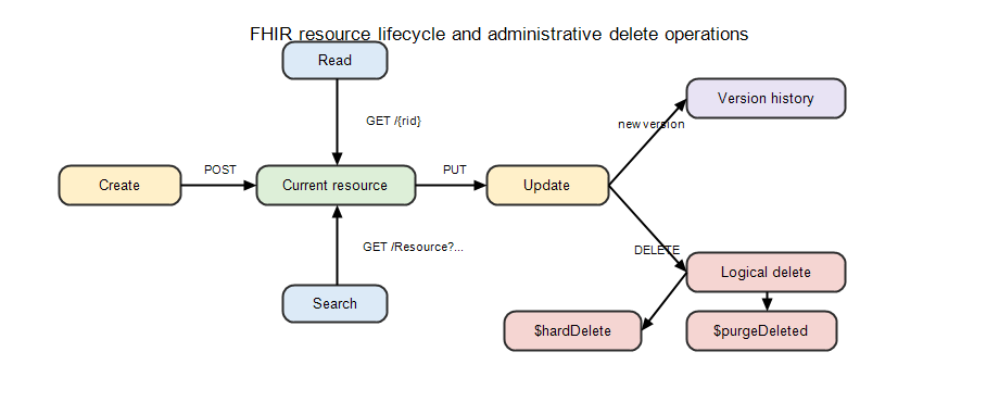 FHIR resource lifecycle from create to current resource, update, version history, logical delete, hard delete, and purge deleted operations.