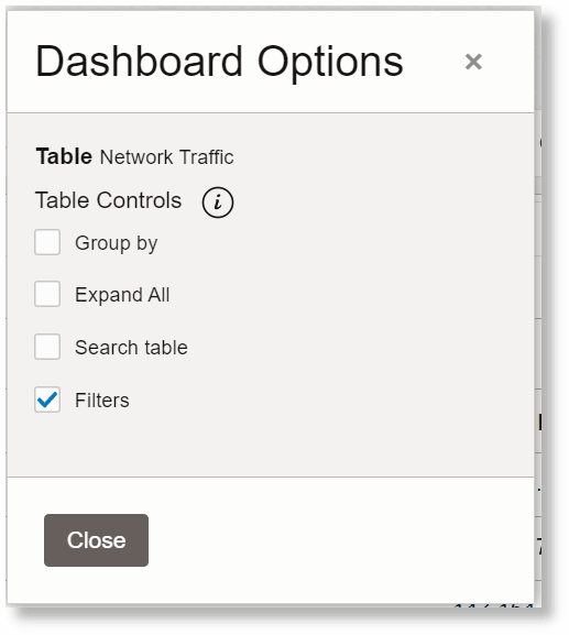 Dashboard Settings for the Table Dashboard Settings for the Table