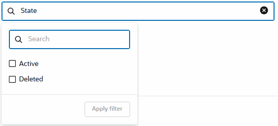 Screenshot della casella di ricerca con il filtro Stato selezionato e con le opzioni di valore Attivo ed Eliminato