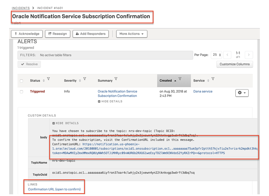 Esempio di incidente di conferma in PagerDuty.