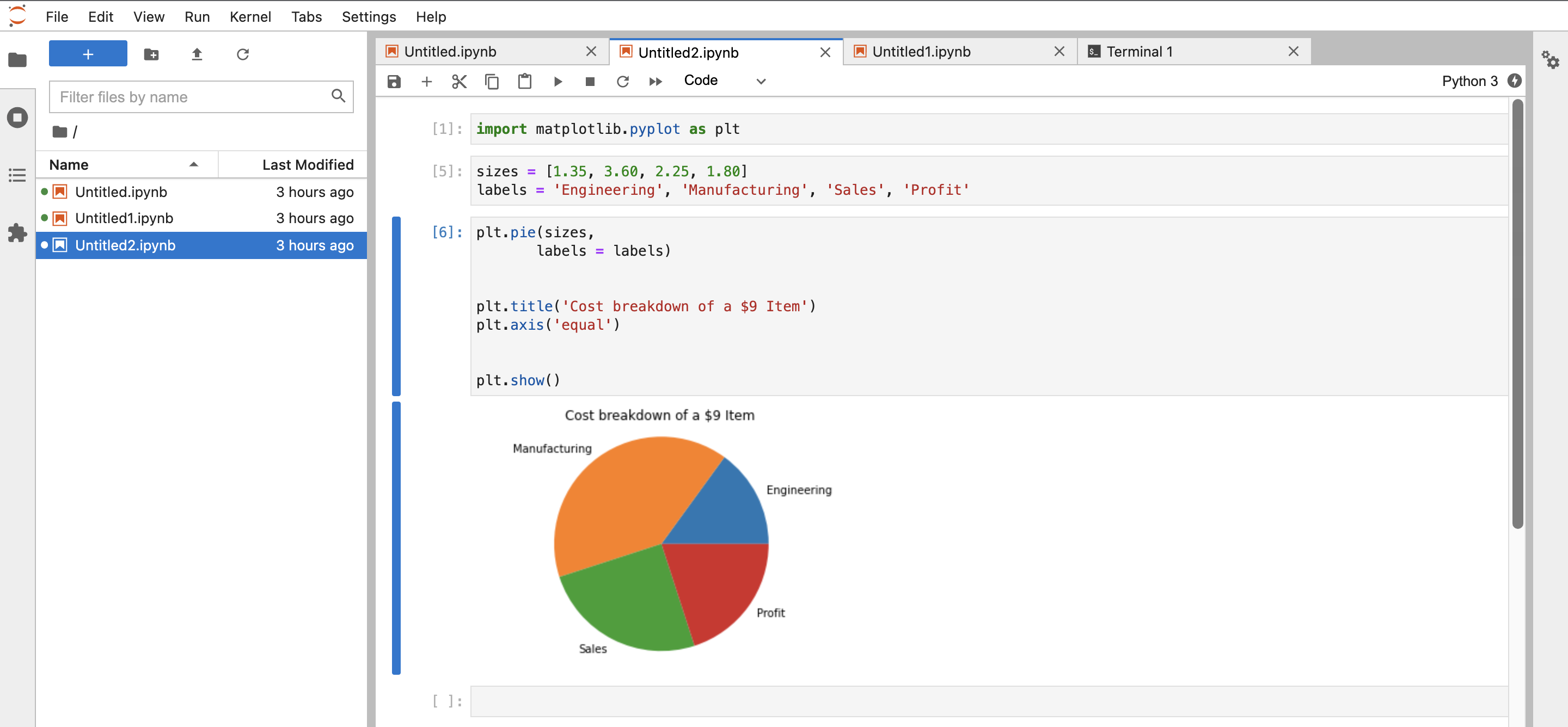 Screenshot che mostra il codice di esempio per il kernel Python in JupyterHub