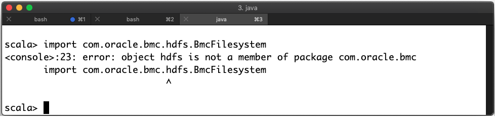 Screenshot che mostra il comando di importazione che ha restituito un errore: l'oggetto hdfs non è un membro del pacchetto com.oracle.bmc
