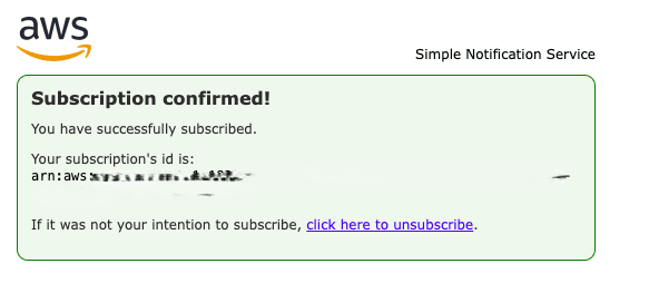 Questo screenshot mostra un esempio di conferma di sottoscrizione con l'ID sottoscrizione.
