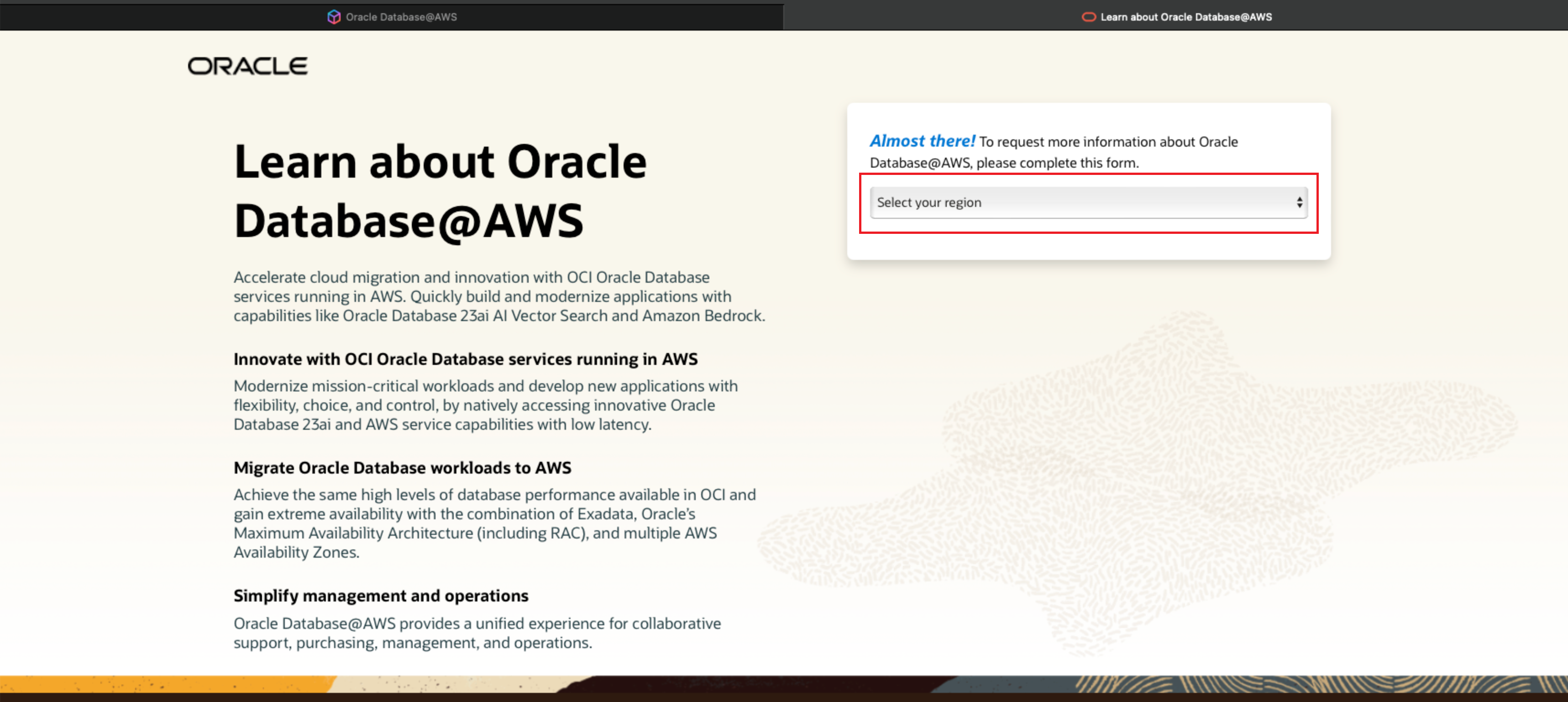 Fare clic per espandere Immagine che mostra il sito Web di Oracle Database@AWS.