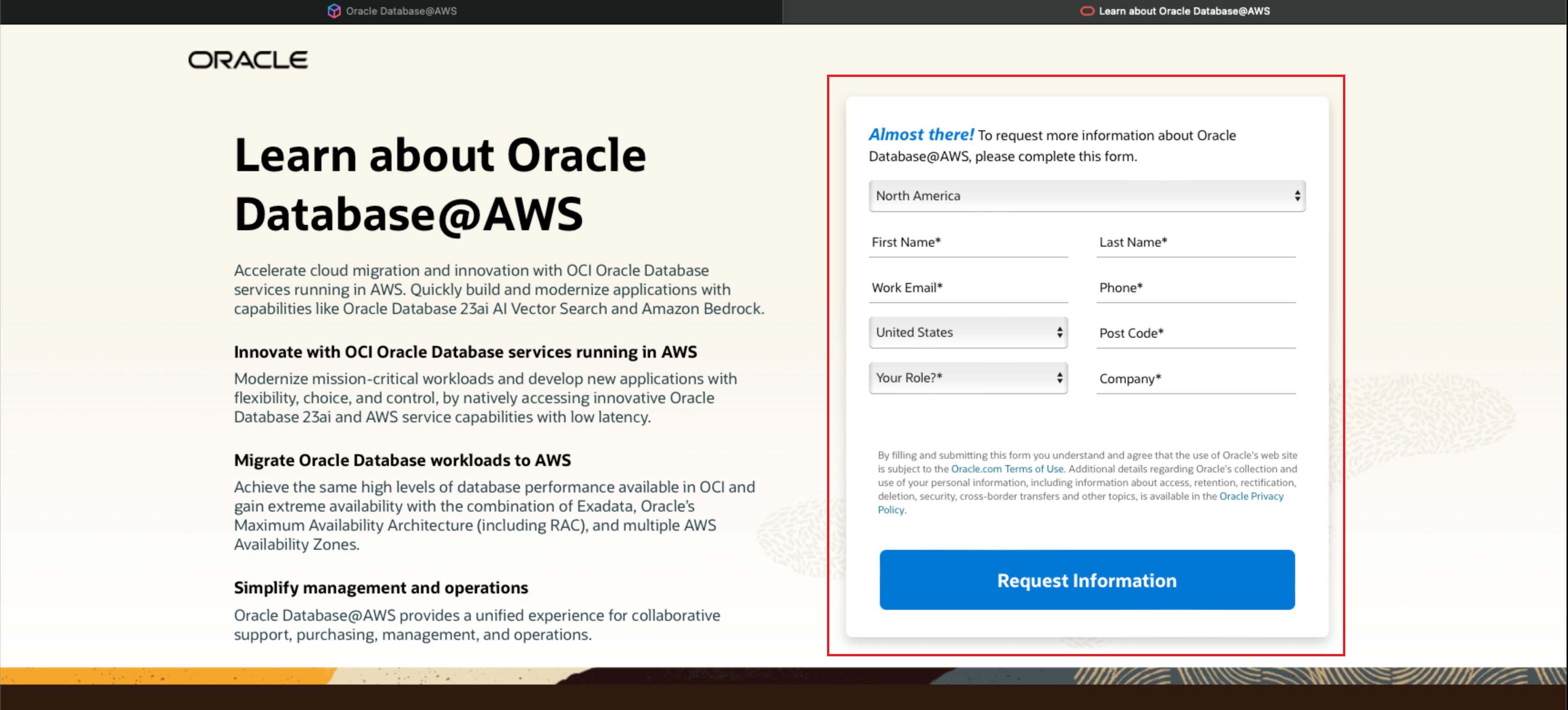Fare clic per espandere Immagine che mostra il modulo di contatto del sito Web Oracle Database@AWS.