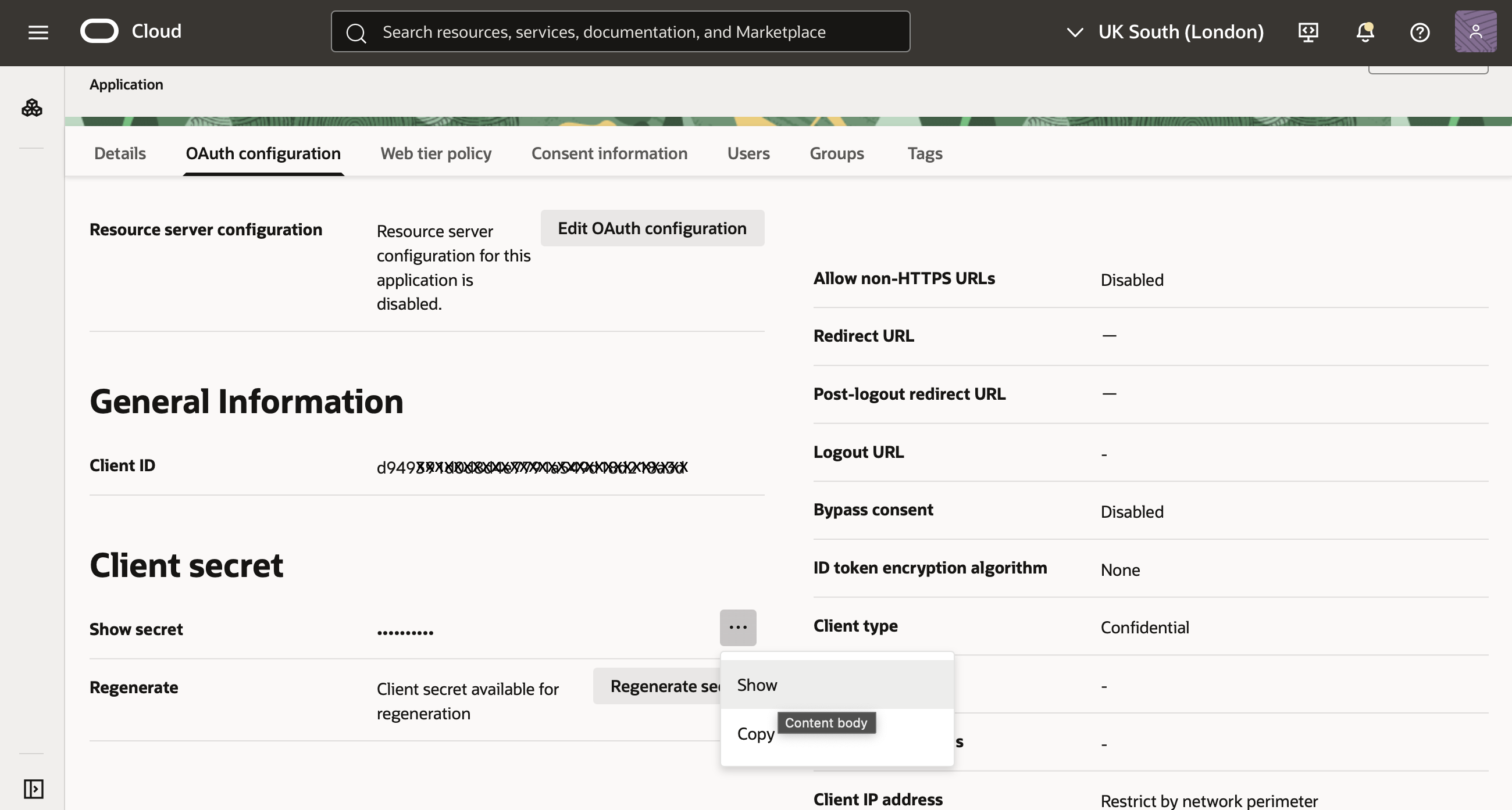 Fare clic per espandere Immagine della console OCI che mostra la finestra di dialogo Segreto client.