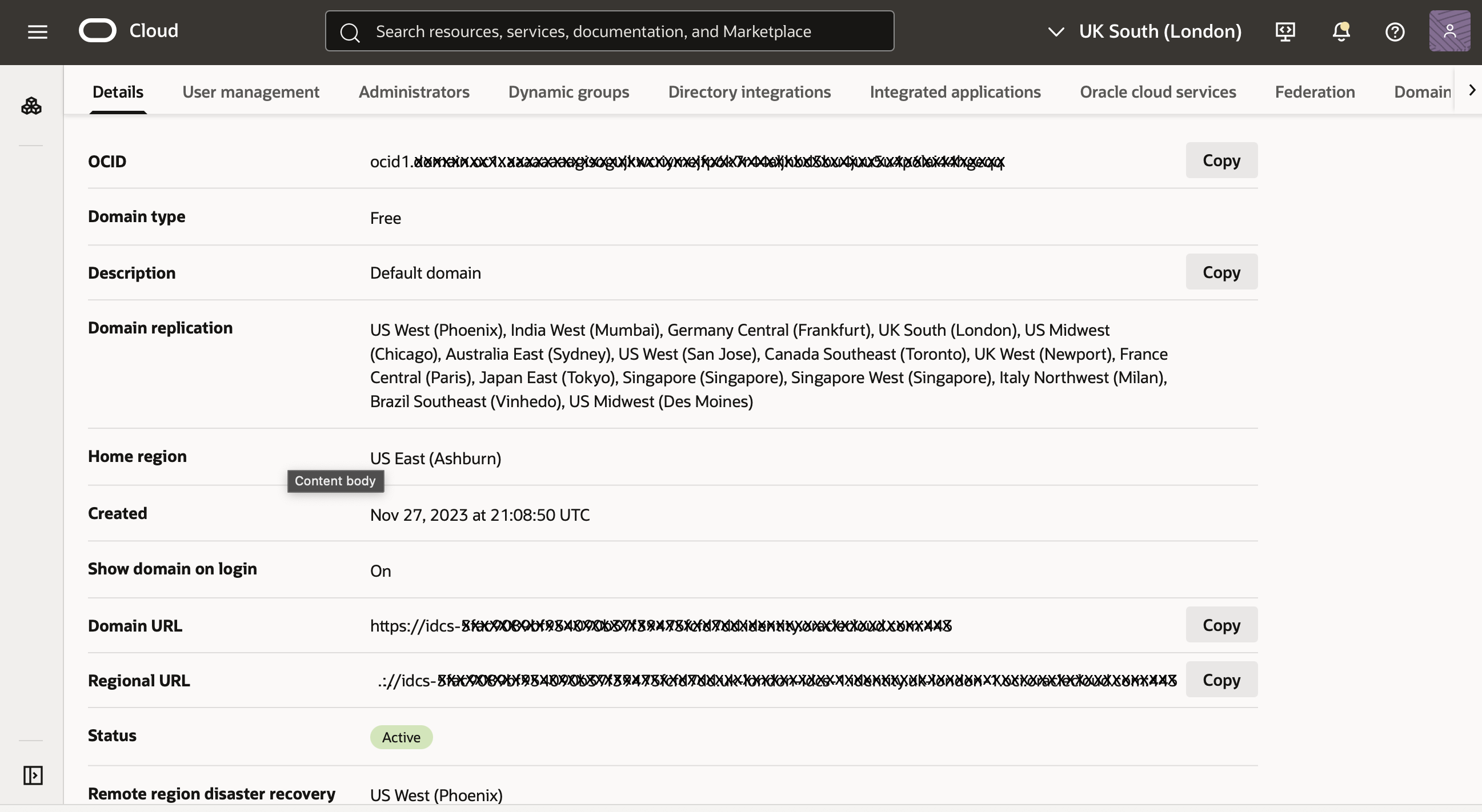 Fare clic per espandere Immagine della console OCI che mostra la pagina dei dettagli per il dominio "Predefinito".