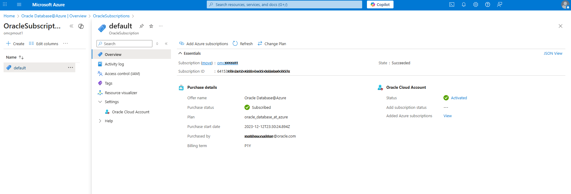 Fare clic per espandere OracleSubscription Vista predefinita