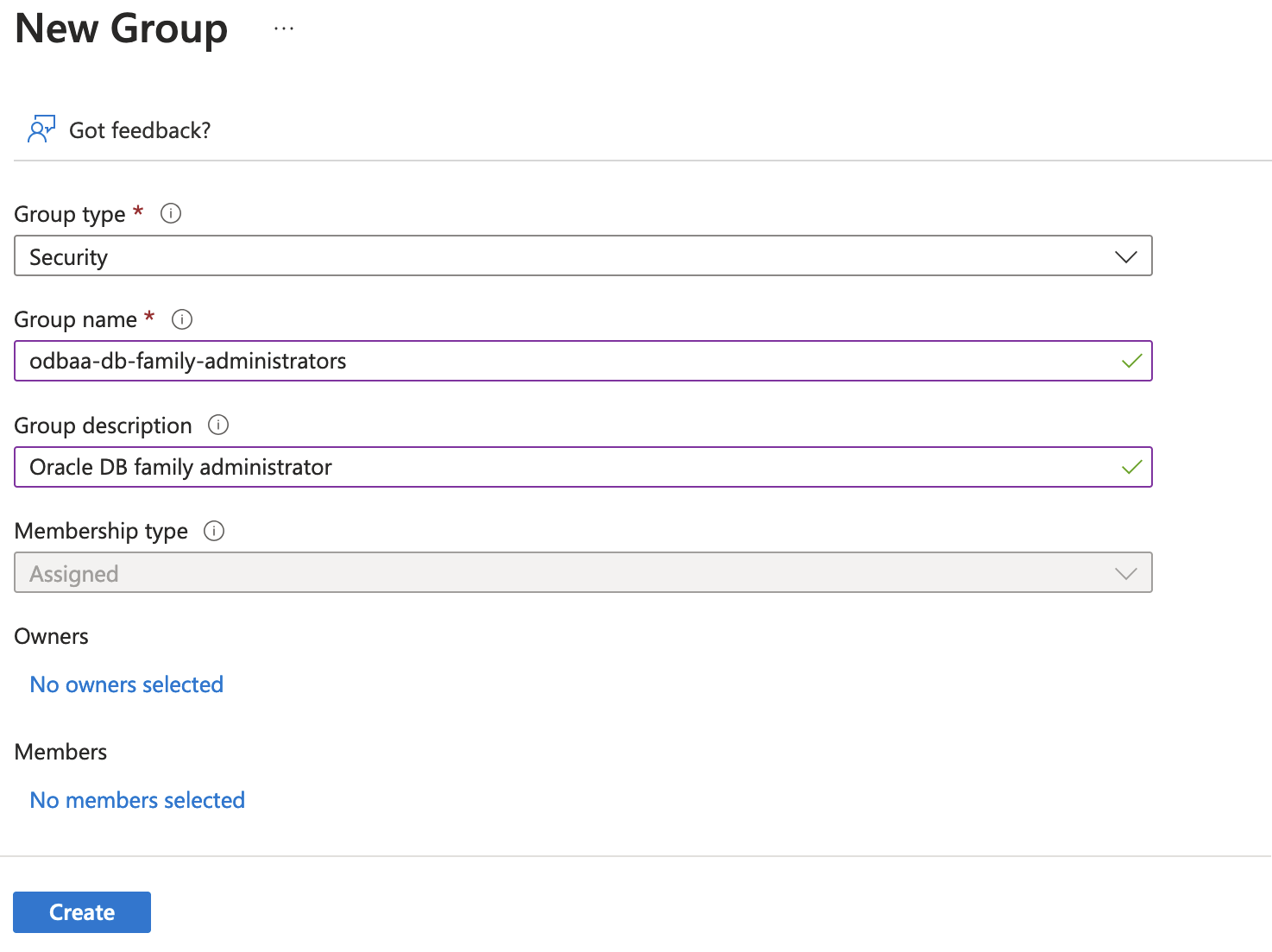 Fare clic per espandere Immagine del modulo di creazione del nuovo gruppo nel servizio EntraID di Azure.