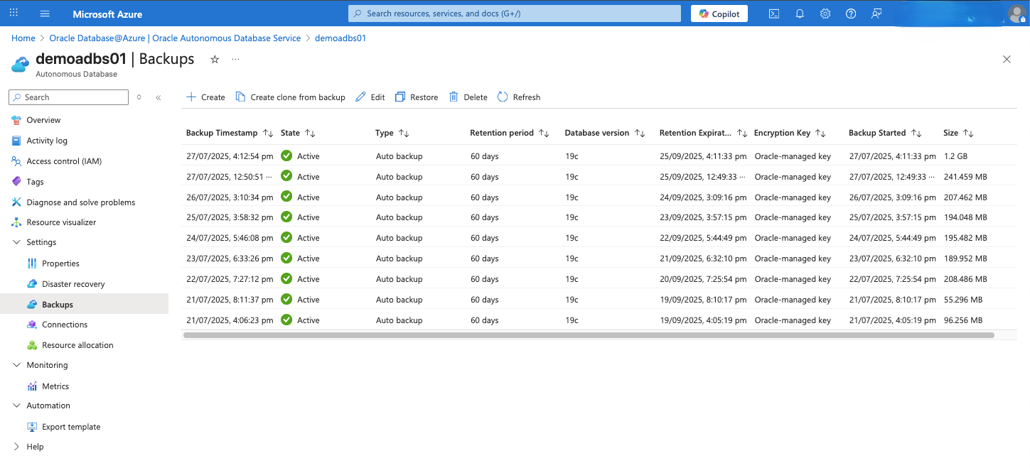 Questo screenshot mostra il backup automatico di un Autonomous AI Database.