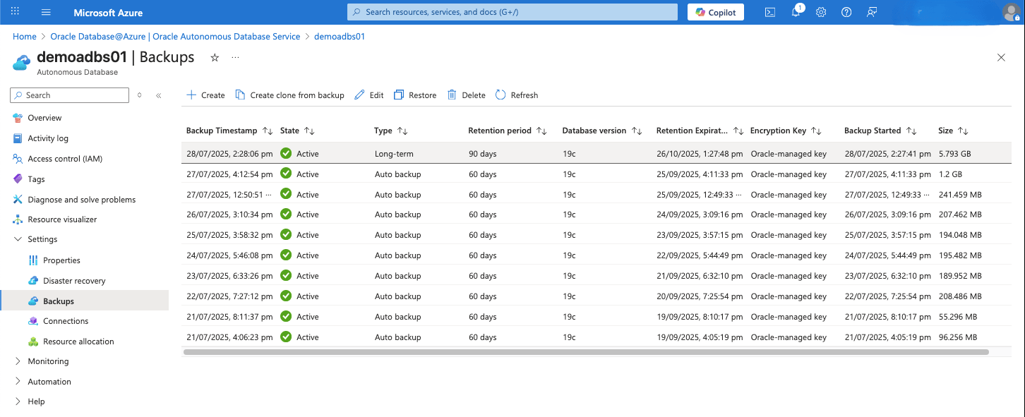 Questo screenshot mostra il backup a lungo termine di un Autonomous AI Database.
