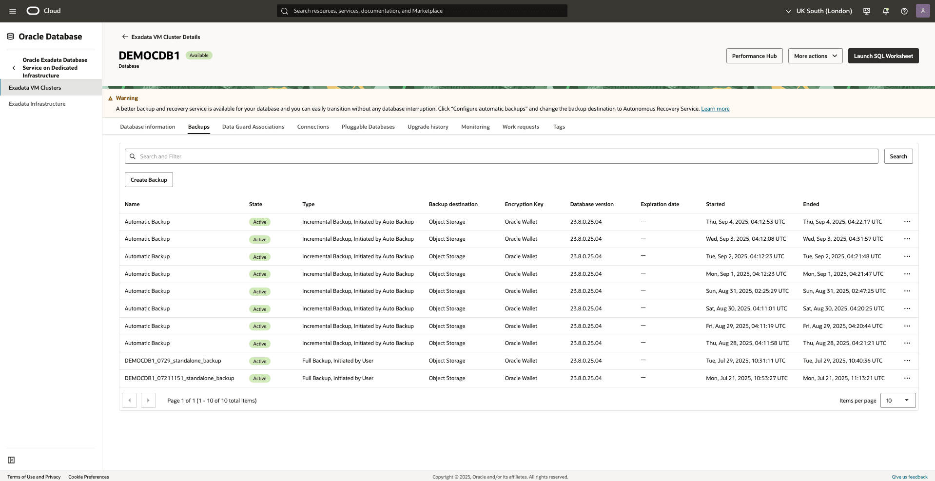 Questo screenshot mostra il backup automatico di un database Exadata. Questo screenshot mostra il backup automatico di un database Exadata.
