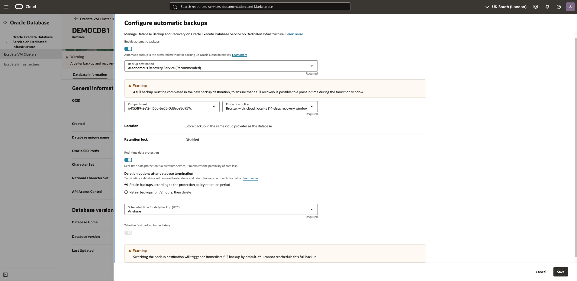 Questo screenshot mostra il backup automatico di un database Exadata. Questo screenshot mostra il backup automatico di un database Exadata.