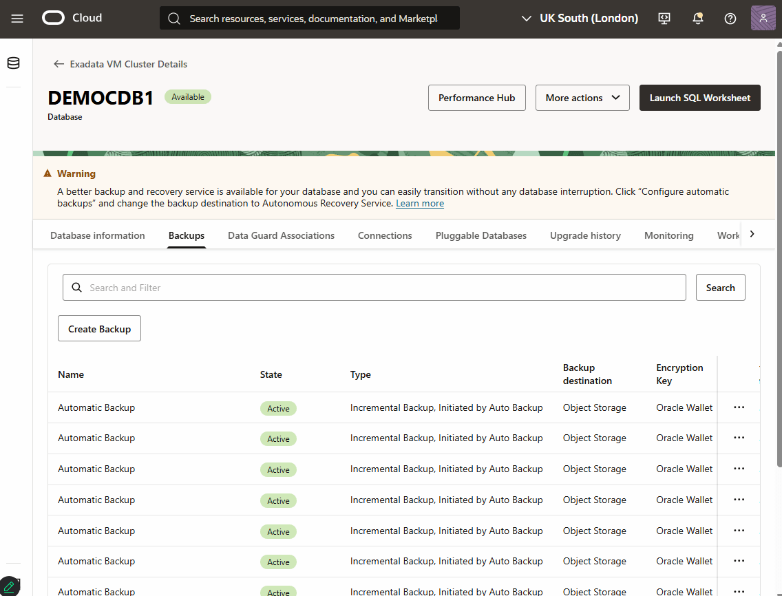 Questo screenshot mostra il backup manuale di un database Exadata. Questo screenshot mostra il backup manuale di un database Exadata.