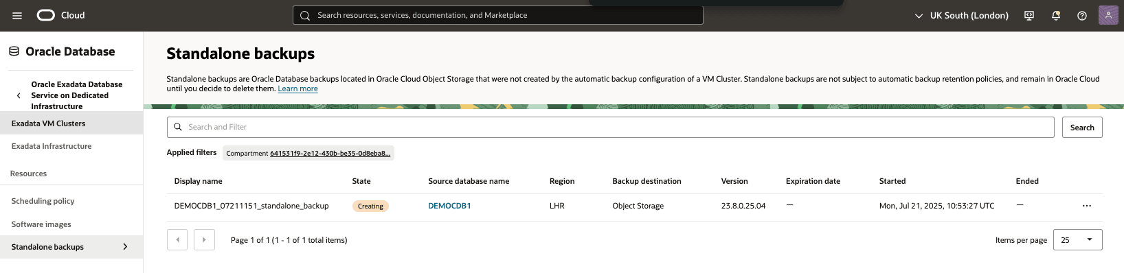 Questo screenshot mostra il backup standalone di un database Exadata. Questo screenshot mostra il backup standalone di un database Exadata.