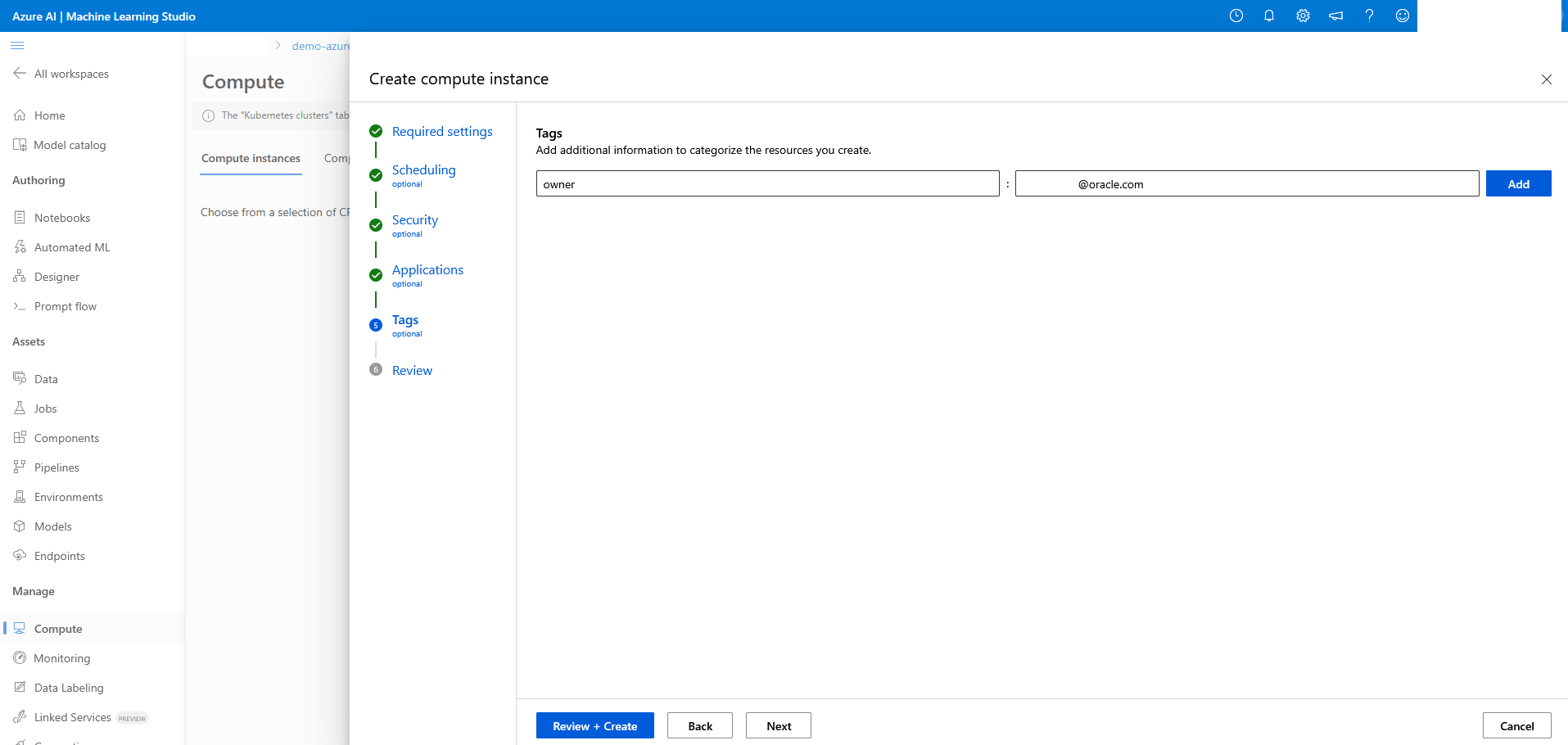 Questo screenshot mostra come creare un'istanza di computazione.