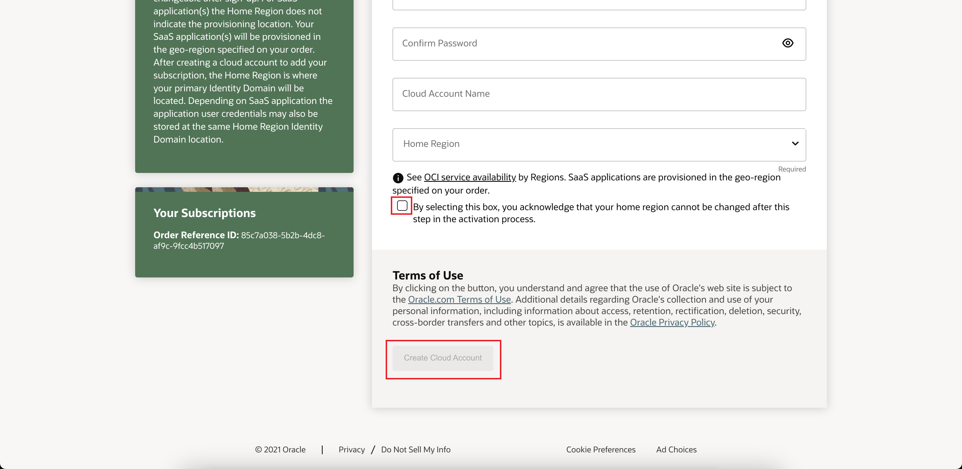 Fare clic per espandere Immagine del form di iscrizione al nuovo account cloud OCI.