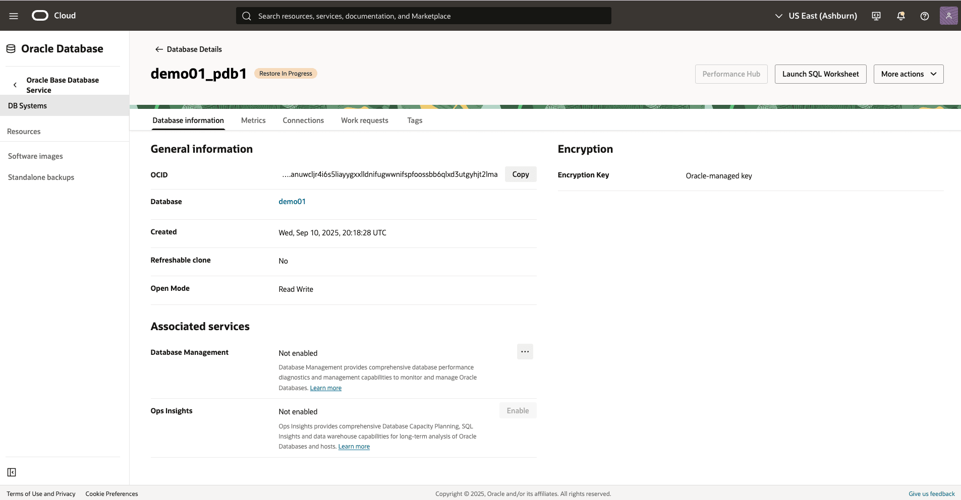 Screenshot del processo di ripristino di Base Database.