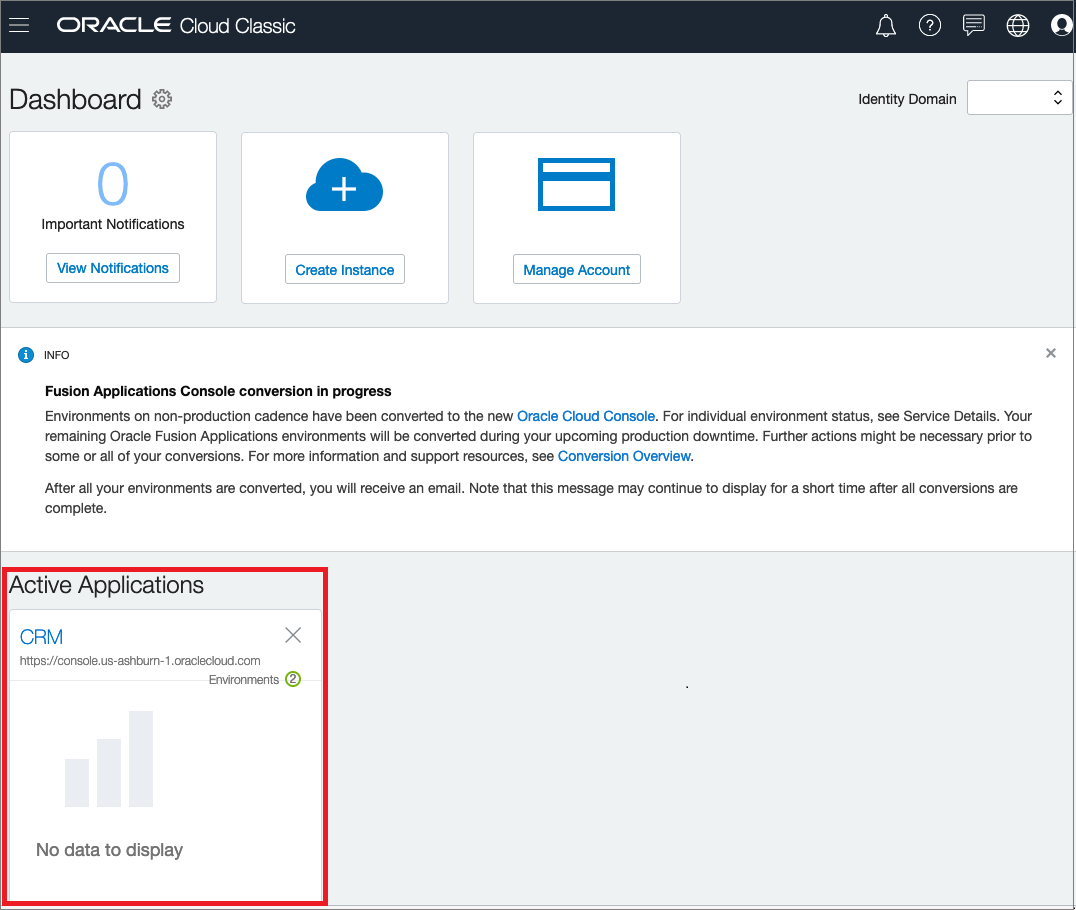 Screenshot che mostra il pannello dell'ambiente Fusion Applications nella home page della console di Oracle Cloud Classic