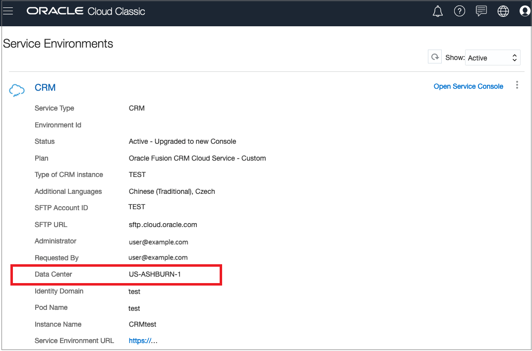Screenshot che mostra la posizione del campo Data Center nella pagina Ambienti di servizio della console di Oracle Cloud Classic