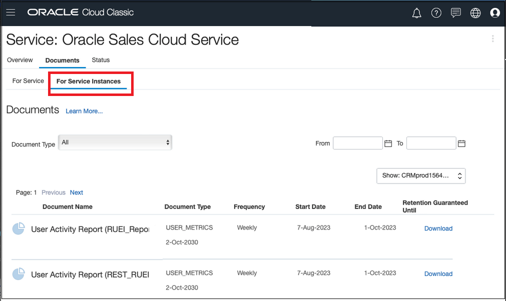 Screenshot che mostra la scheda secondaria For Services Instances e i report elencati