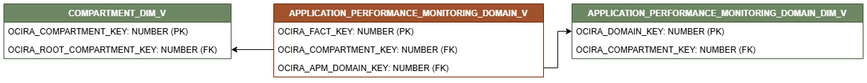 Diagramma di relazione che mostra la tabella fact, APPLICATION_PERFORMANCE_MONITORING_DOMAIN_FACT_V.