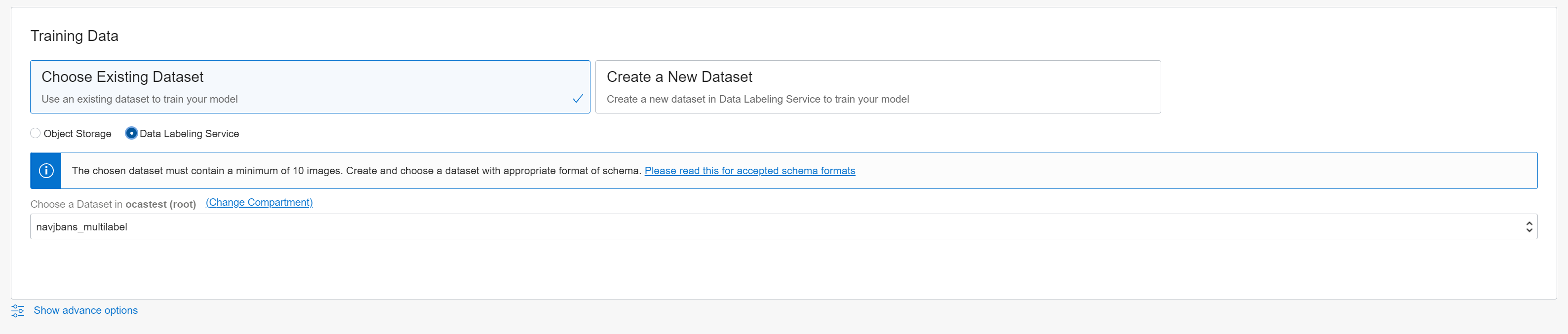 Selezionare il data set esistente selezionato, così come il servizio di etichettatura dei dati. Dalla lista viene selezionato un set di dati.