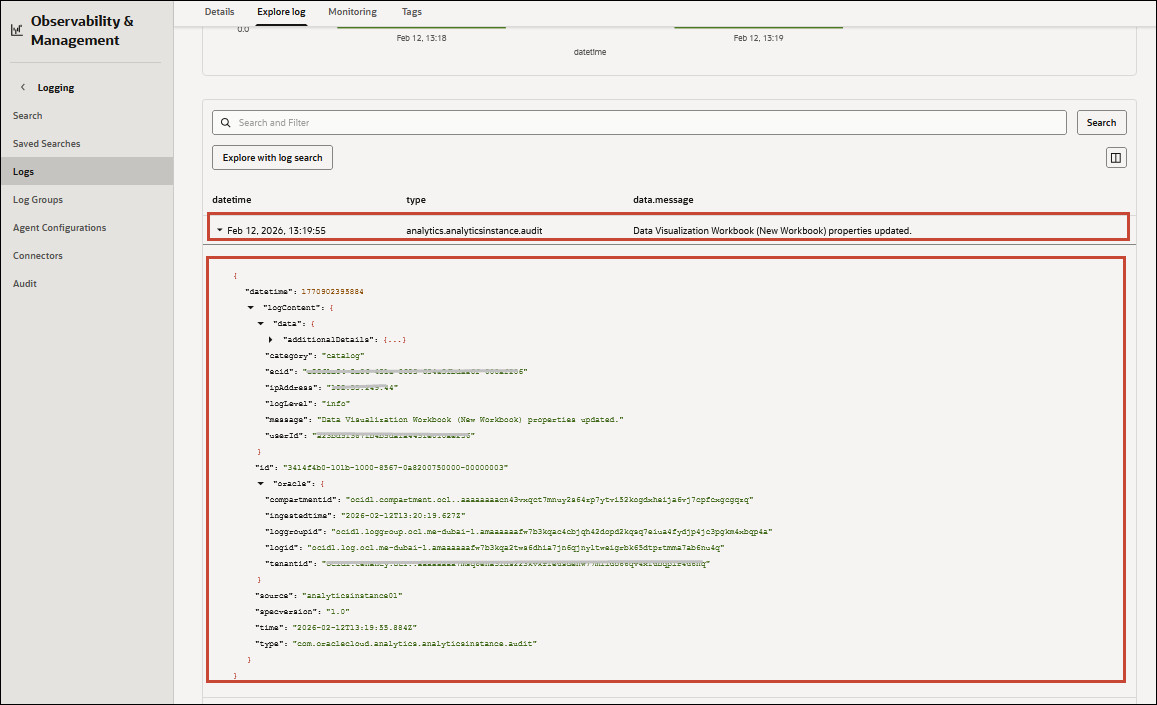 Dettaglio log nella sezione dati