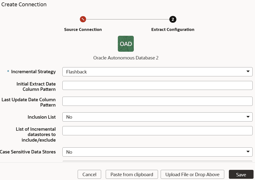 Finestra di dialogo Crea connessione per Oracle Autonomous Database che visualizza la scheda Configurazione estrazione